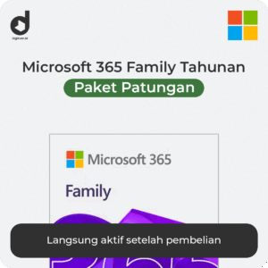 Paket patungan Microsoft 365 Family 1 Tahun dari Digikom.id. Termasuk lisensi original Word, Excel, PowerPoint, dan OneDrive 1TB.