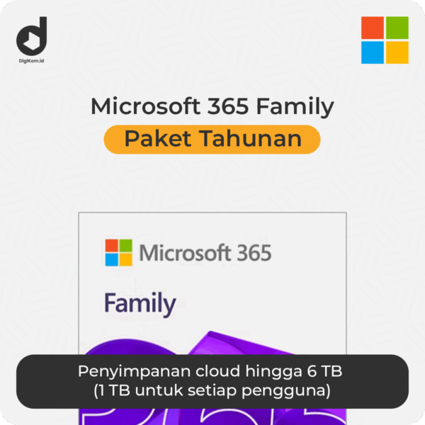 Jual langganan Microsoft 365 Family 1 tahun dari Digikom.id dengan bonus penyimpanan cloud OneDrive 1 TB per orang, total 6 TB. Lisensi original dan resmi.